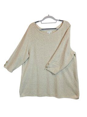 Charter Club Womens 3X Cream gold Texture Knit 3/4 Sleeve Sweater Button Accents